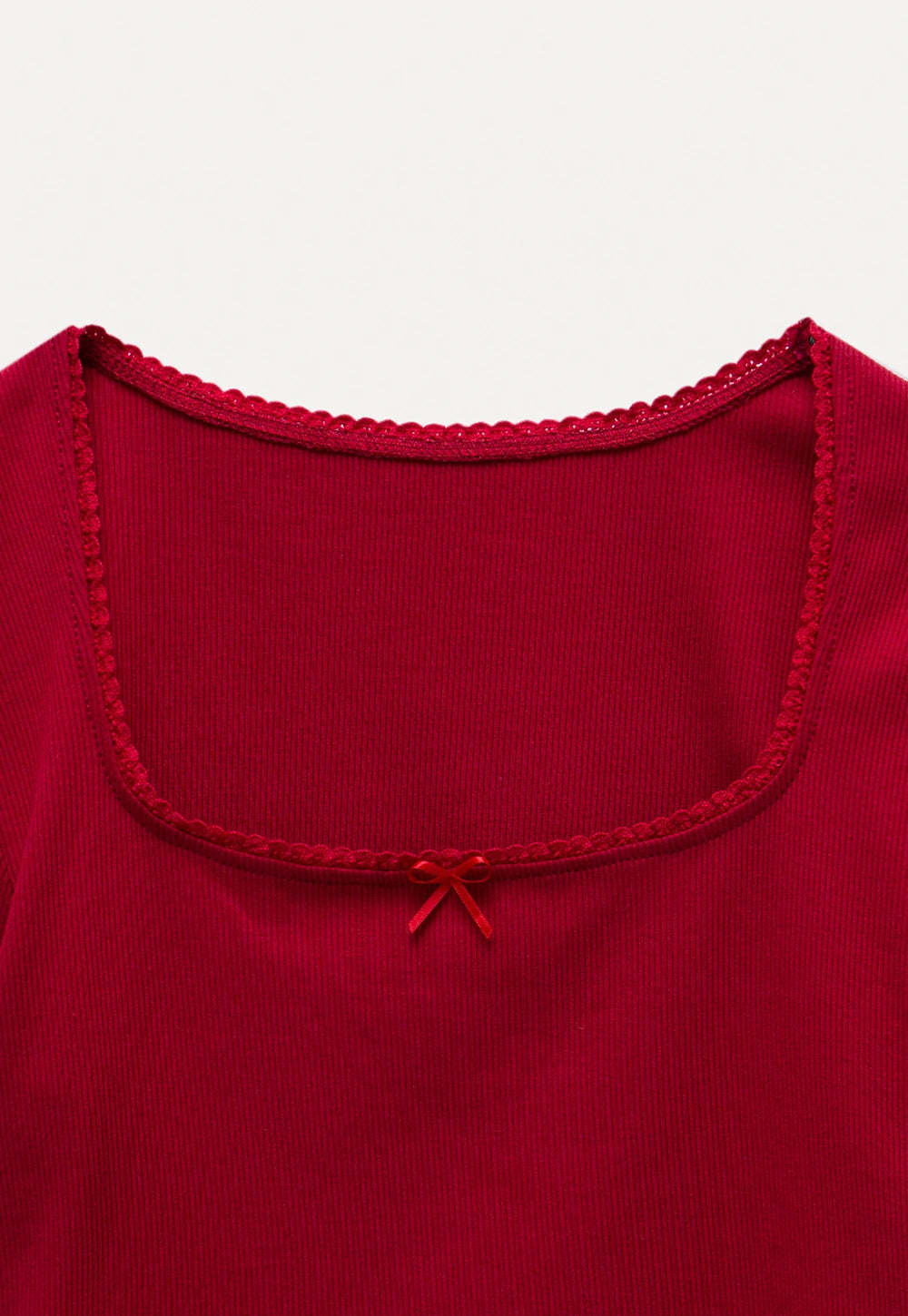Square Neck Ribbed Tee with Bow Detail