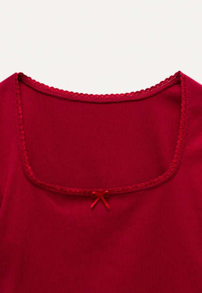 Square Neck Ribbed Tee with Bow Detail
