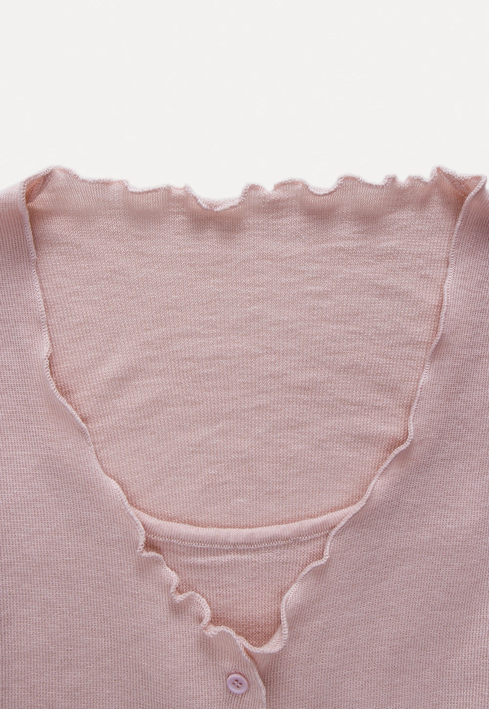 Women's Round Neck Ruffle Trim Ribbed Button-Up Knit Top