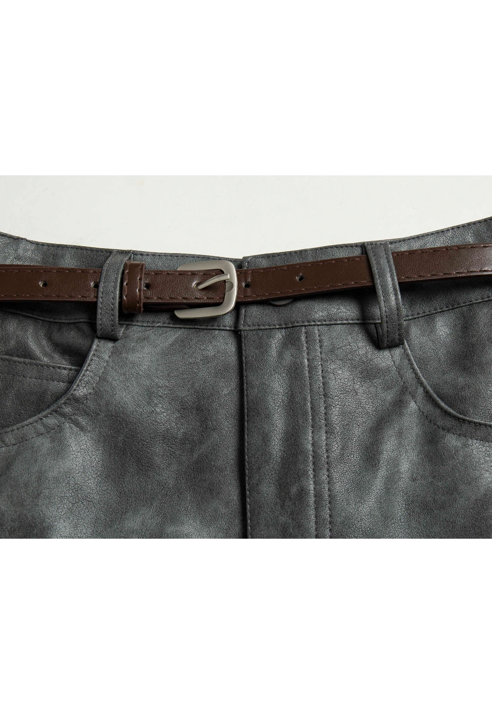 Women's Faux Leather Mini Skirt, A-Line with Belt and Pockets, Vintage Brown