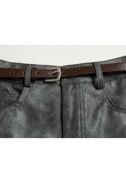 Women's Faux Leather Mini Skirt, A-Line with Belt and Pockets, Vintage Brown