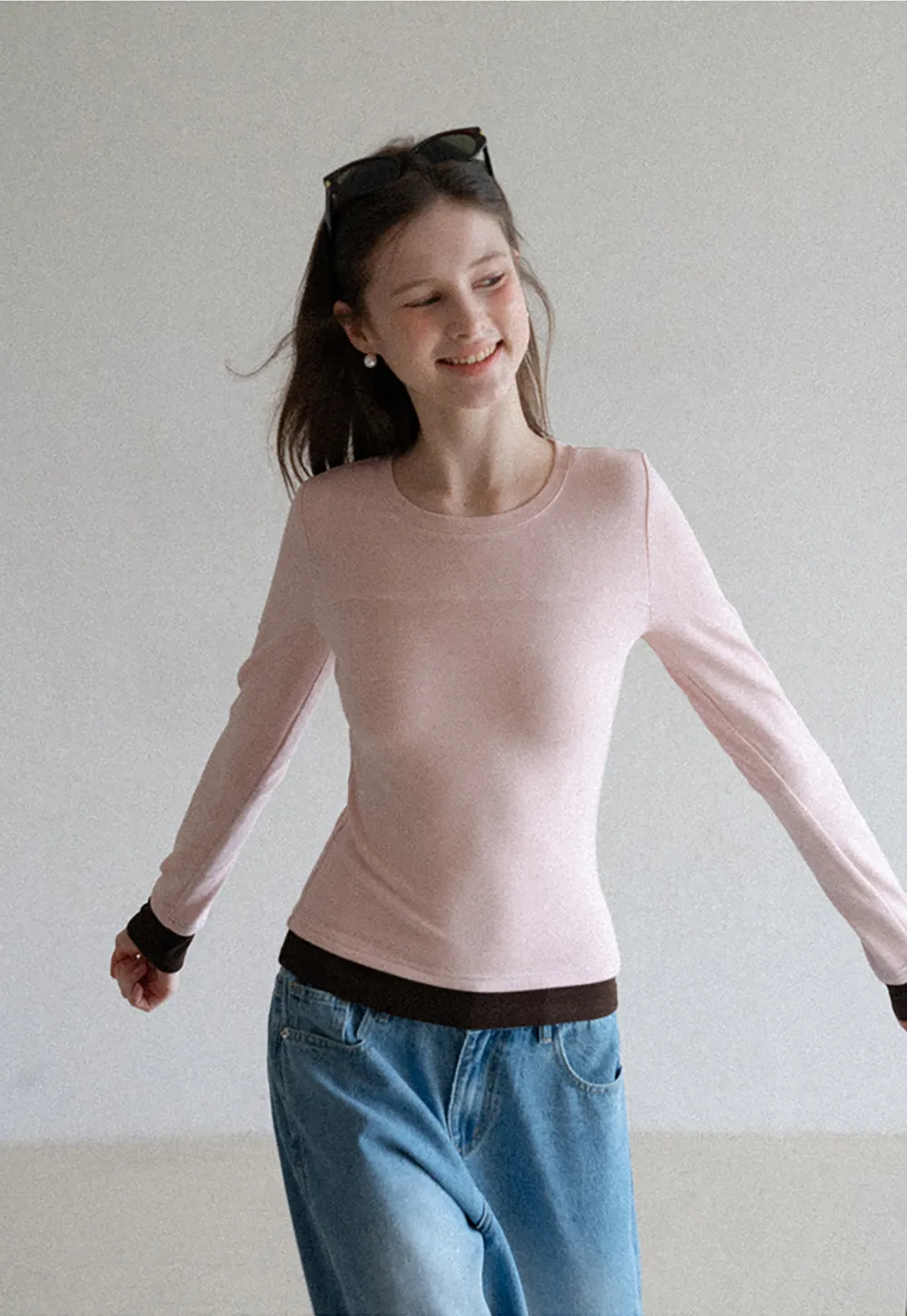 Long sleeve round neck layered t shirt design top