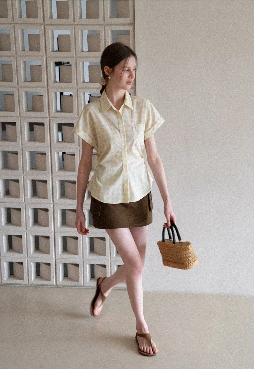 Checkered Shirt with Short Sleeves and Pleated Back