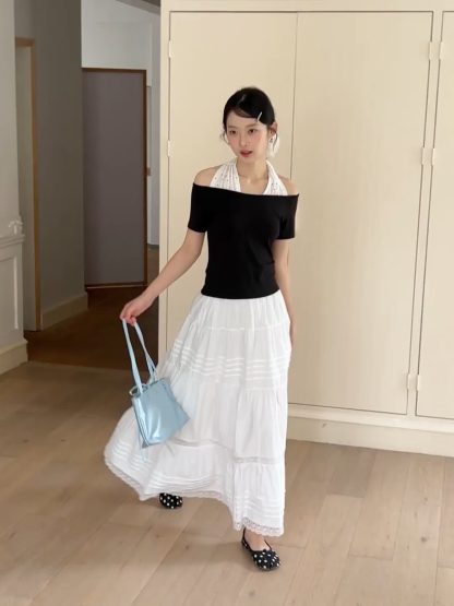 Off shoulder short sleeve top with halter neck detail