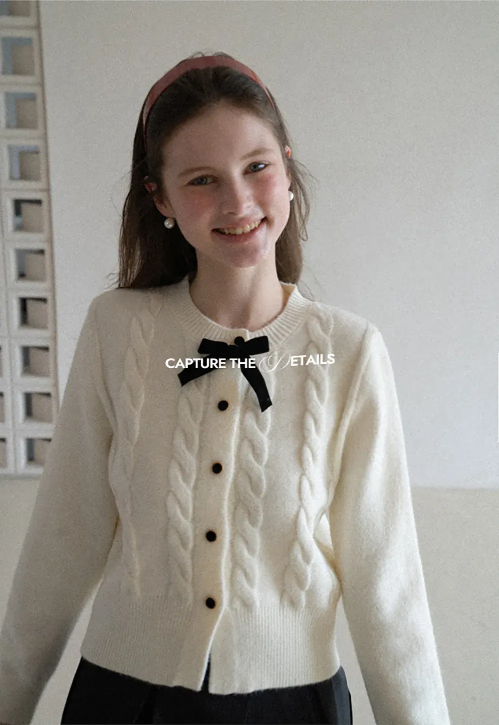 Elegant Cable Knit Cardigan with Bow Detail
