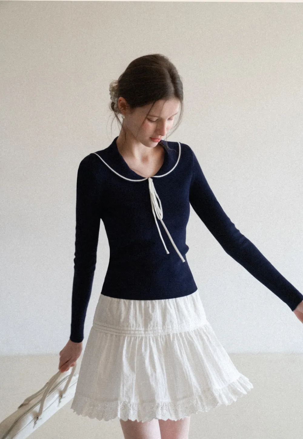 Knit Sweater with Collar and Tie Detail