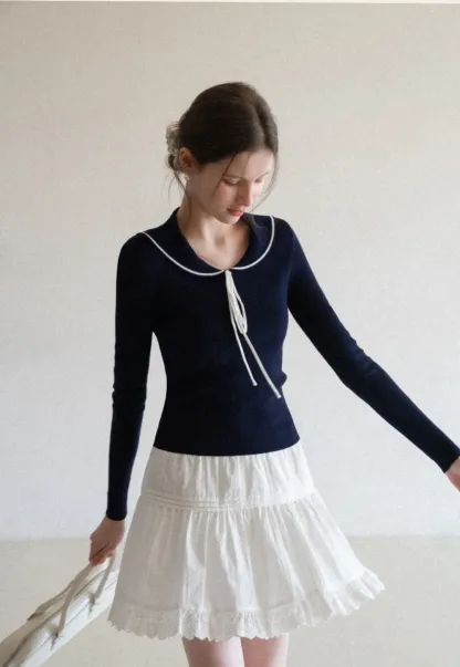 Knit Sweater with Collar and Tie Detail