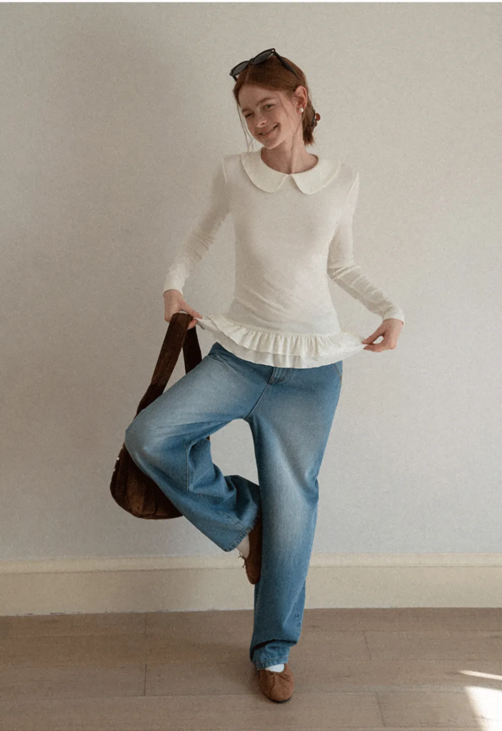 Elegant Long Sleeve Top with Ruffled Hem and Collar Design