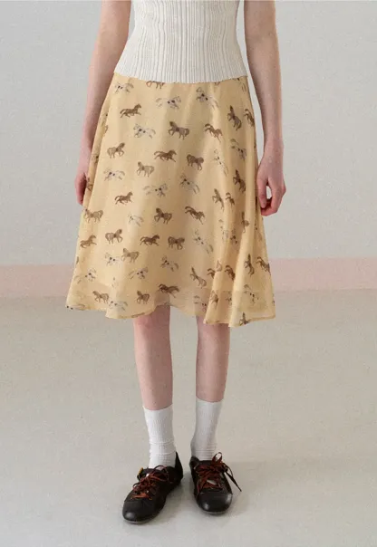Horse Print Flared Midi Skirt