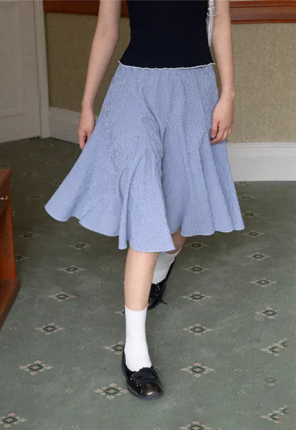 Gingham Pleated Flared Skirt