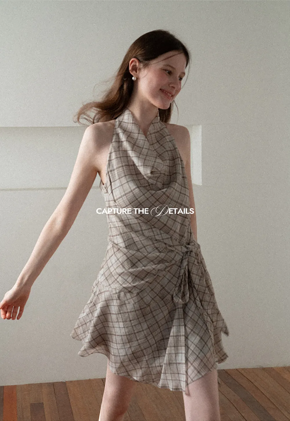 Plaid Halter Neck Wrap Dress with Side Tie