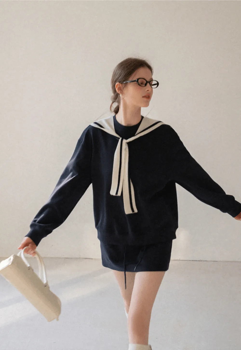 Sailor collar sweatshirt scarf shawl skirt set