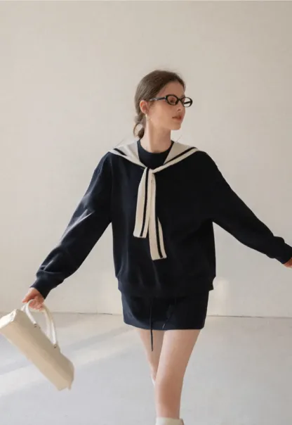 Sailor collar sweatshirt scarf shawl skirt set