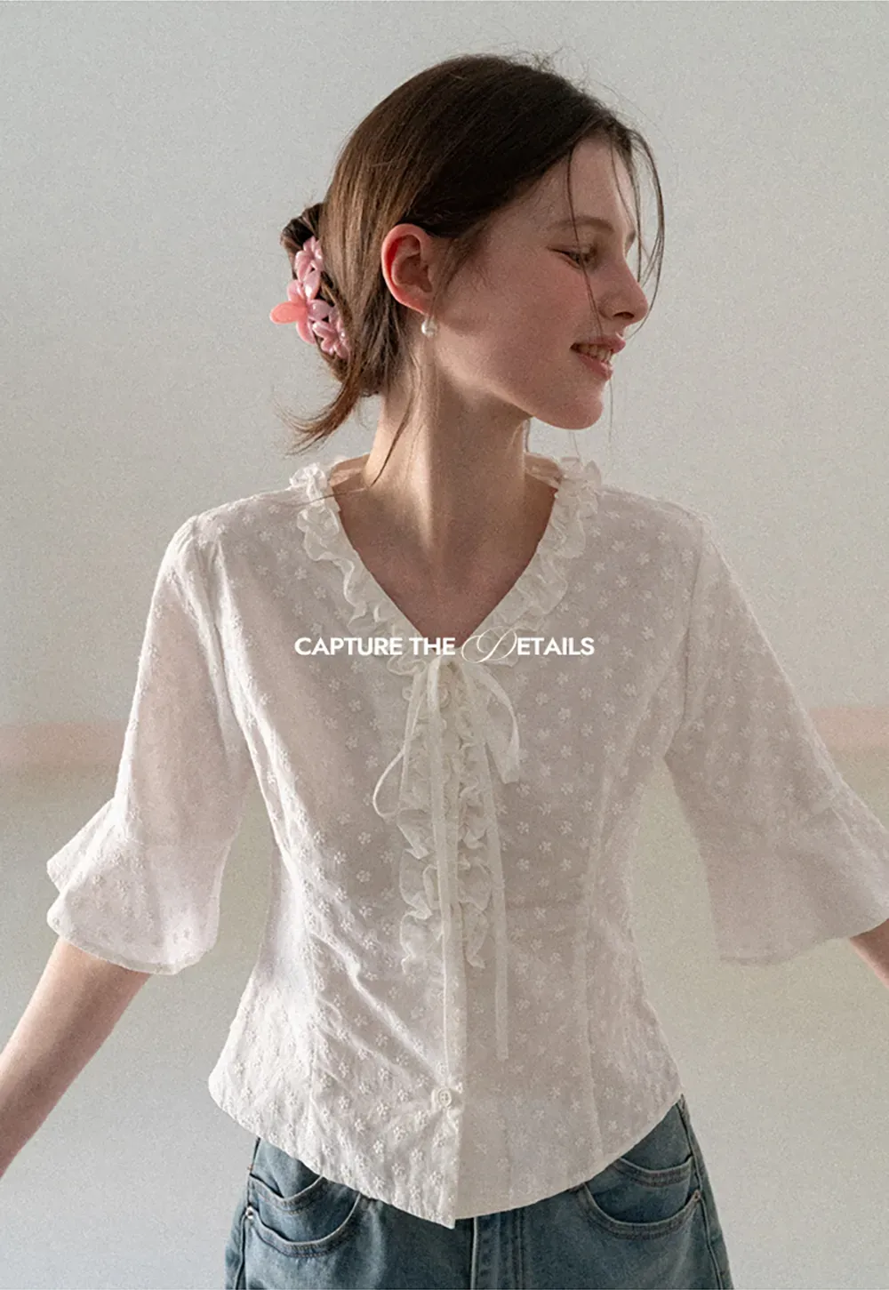 V neck blouse with lace trim and tie front