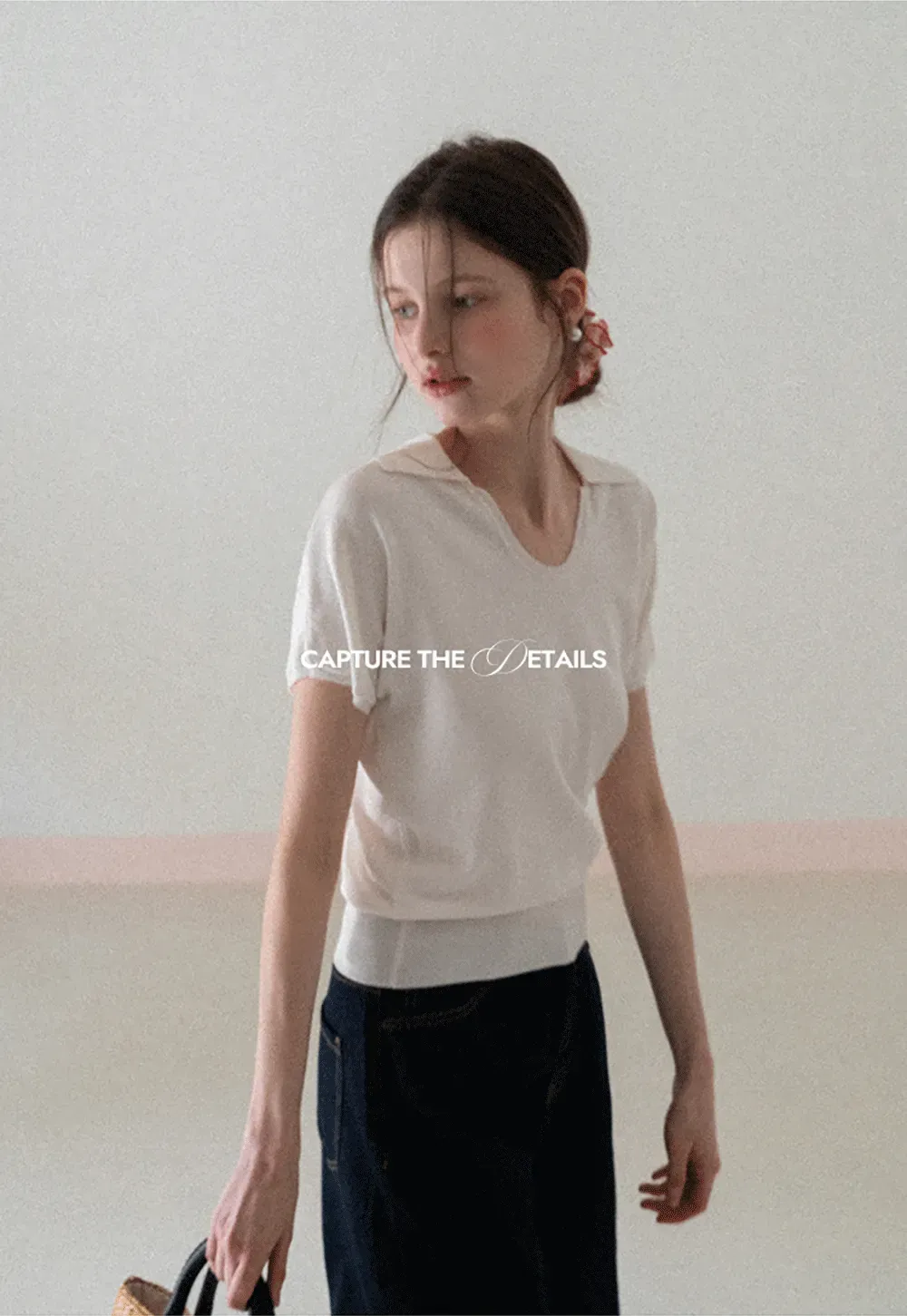 V Neck Short Sleeve Knit Sweater with Collar