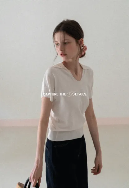 V Neck Short Sleeve Knit Sweater with Collar