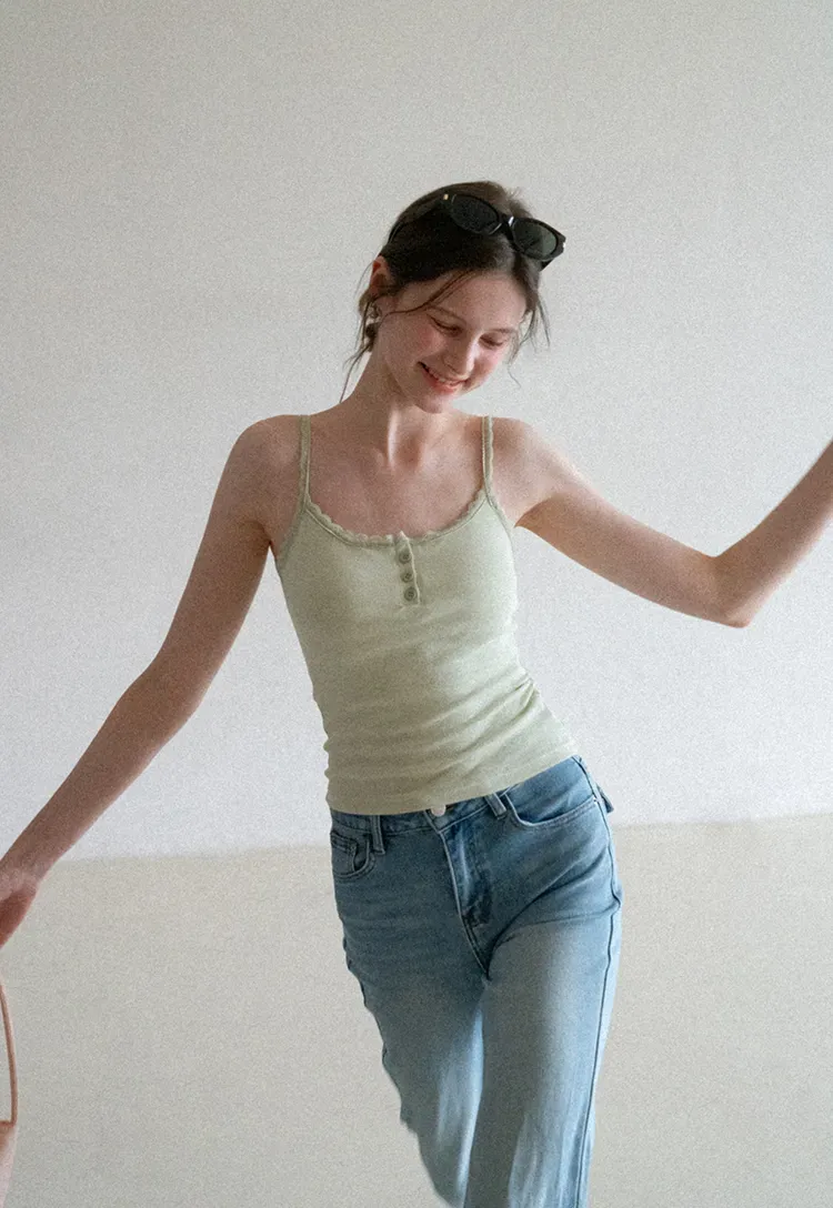 Lace Trim Button Front Tank Top