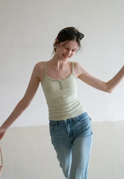 Lace Trim Button Front Tank Top