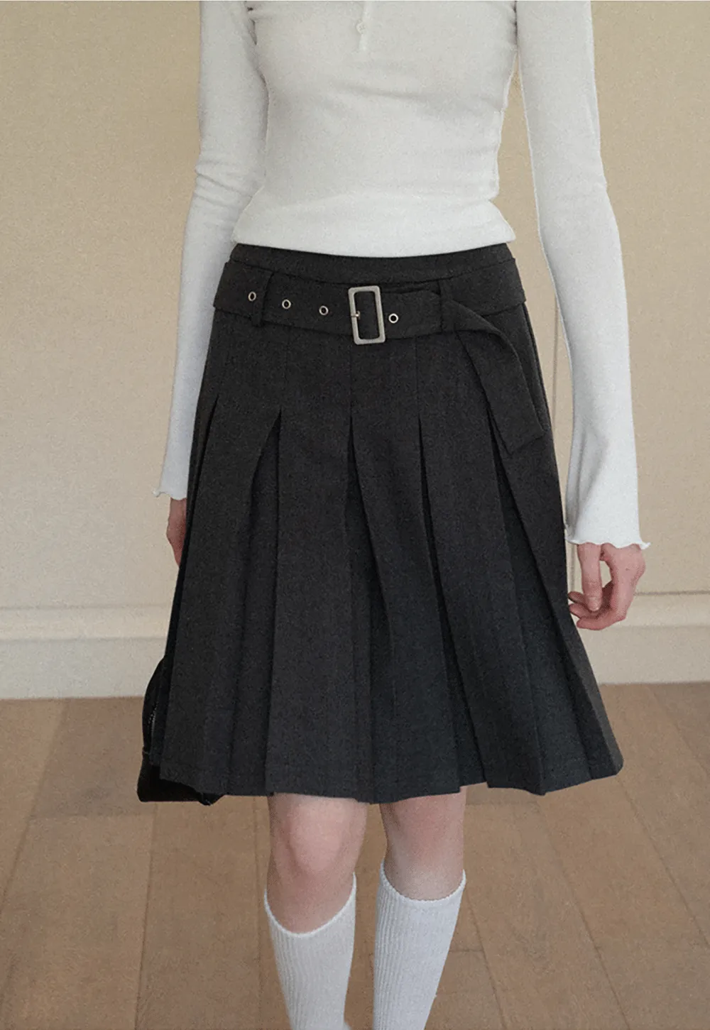 Pleated A Line Skirt with Belt Detail