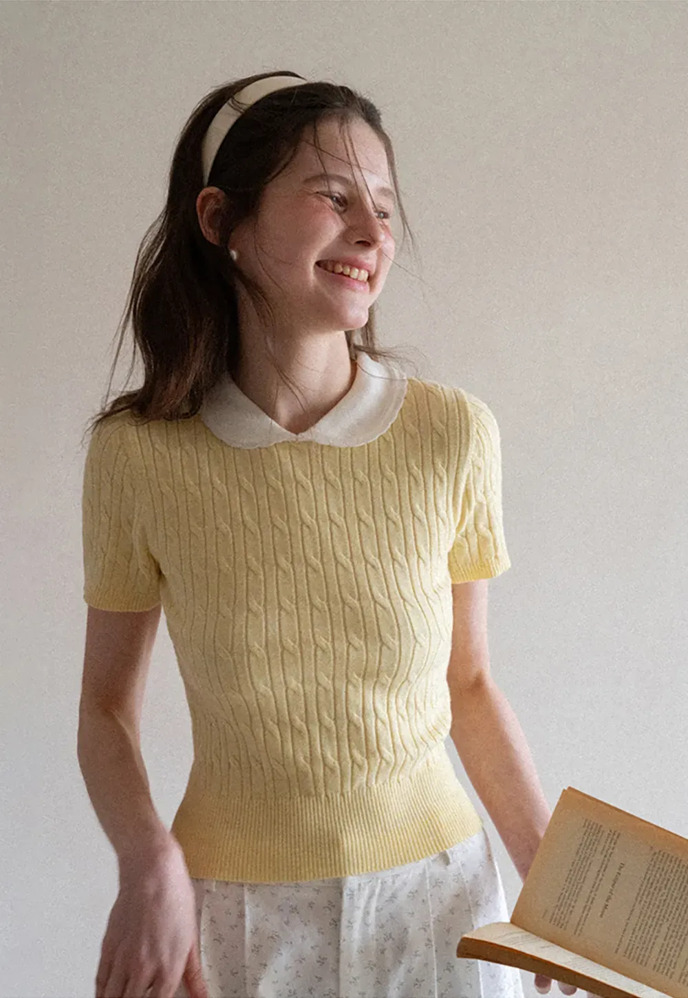 Cable Knit Short Sleeve Sweater with Collar