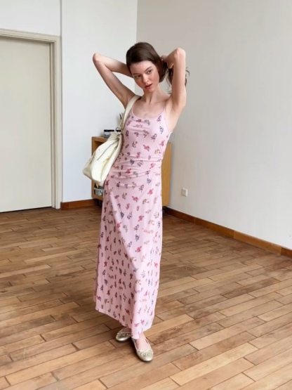 Floral Print Slip Dress with Thin Straps and Ruched Waist