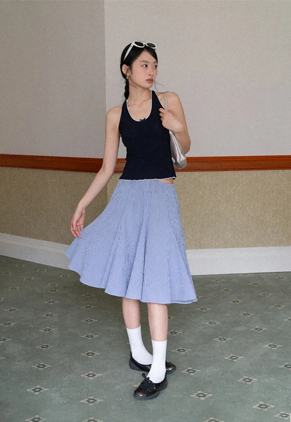 Gingham Pleated Flared Skirt