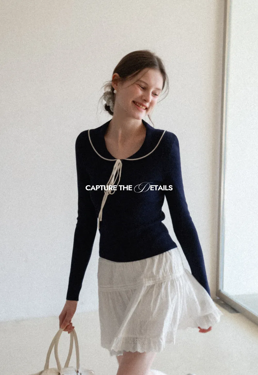 Knit Sweater with Collar and Tie Detail