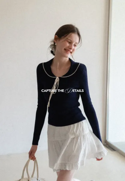 Knit Sweater with Collar and Tie Detail