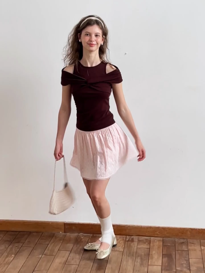 Off Shoulder Twist Front Knit Tshirt
