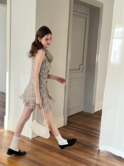 Plaid Halter Neck Wrap Dress with Side Tie