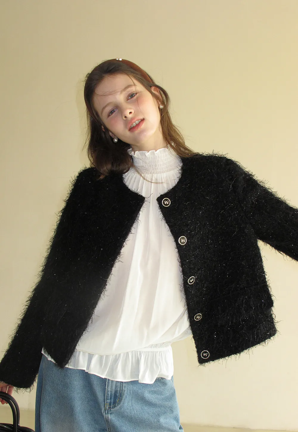 Fuzzy Knit Short Jacket with Button Detail