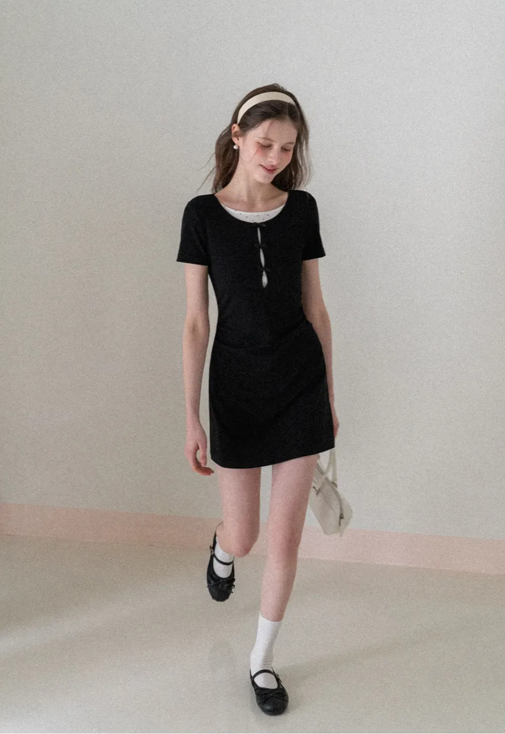 Short Sleeve Dress with Polka Dot Collar and Front Knot Detail