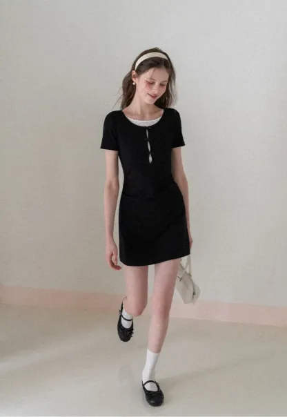 Short Sleeve Dress with Polka Dot Collar and Front Knot Detail