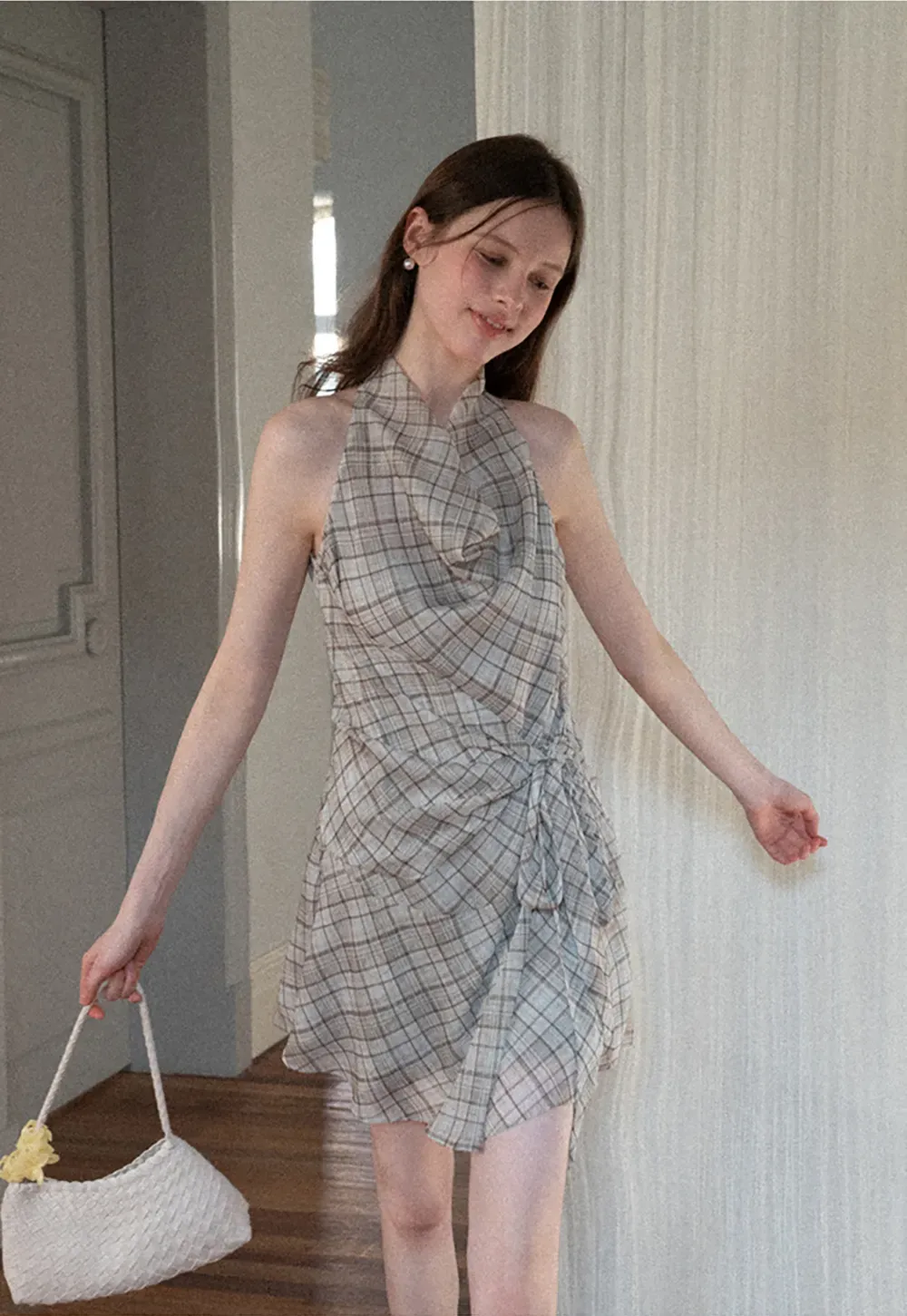 Plaid Halter Neck Wrap Dress with Side Tie