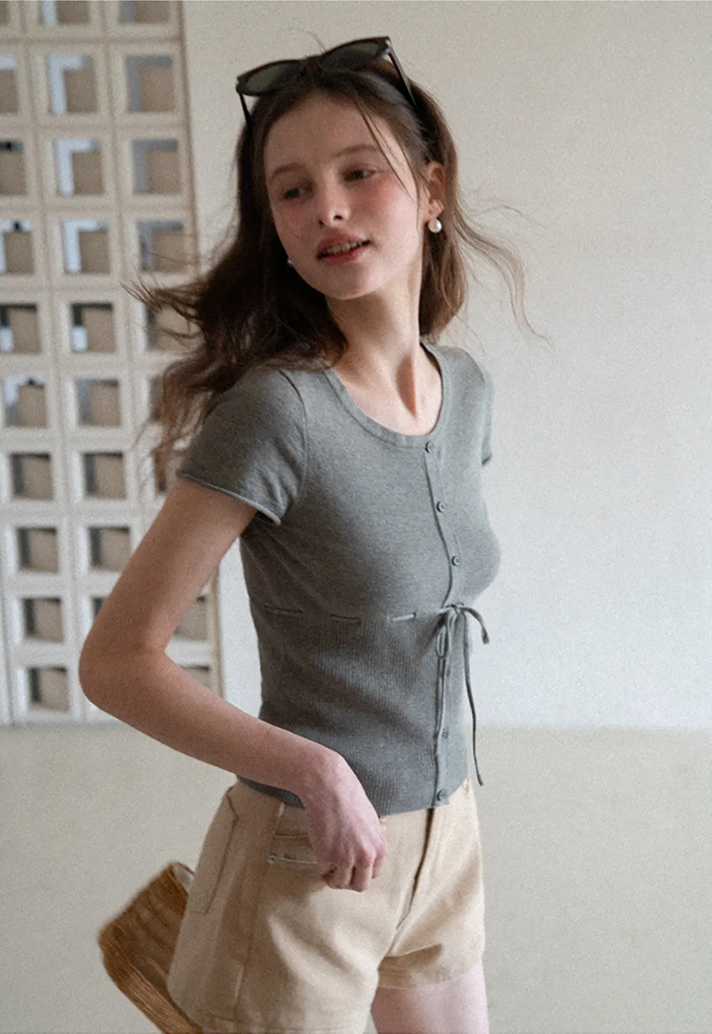 Short Sleeve Knit Cardigan with Front Buttons and Waist Tie