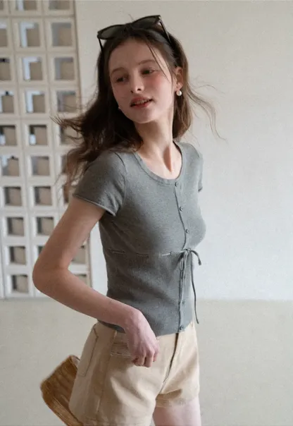 Short Sleeve Knit Cardigan with Front Buttons and Waist Tie