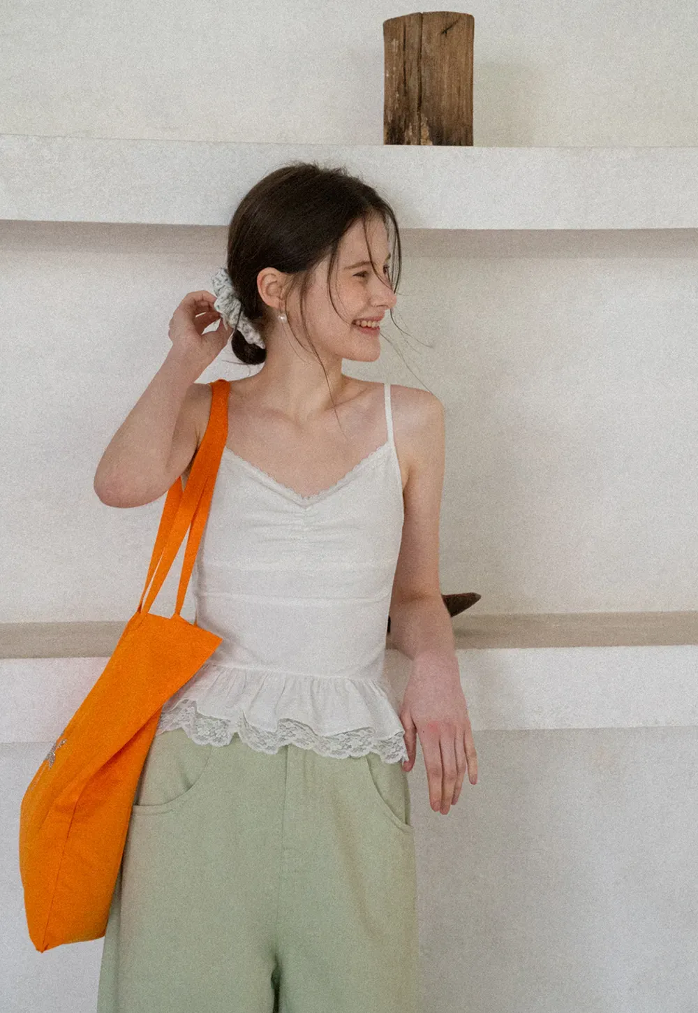 Lace Trimmed Peplum Tank Top with Thin Straps