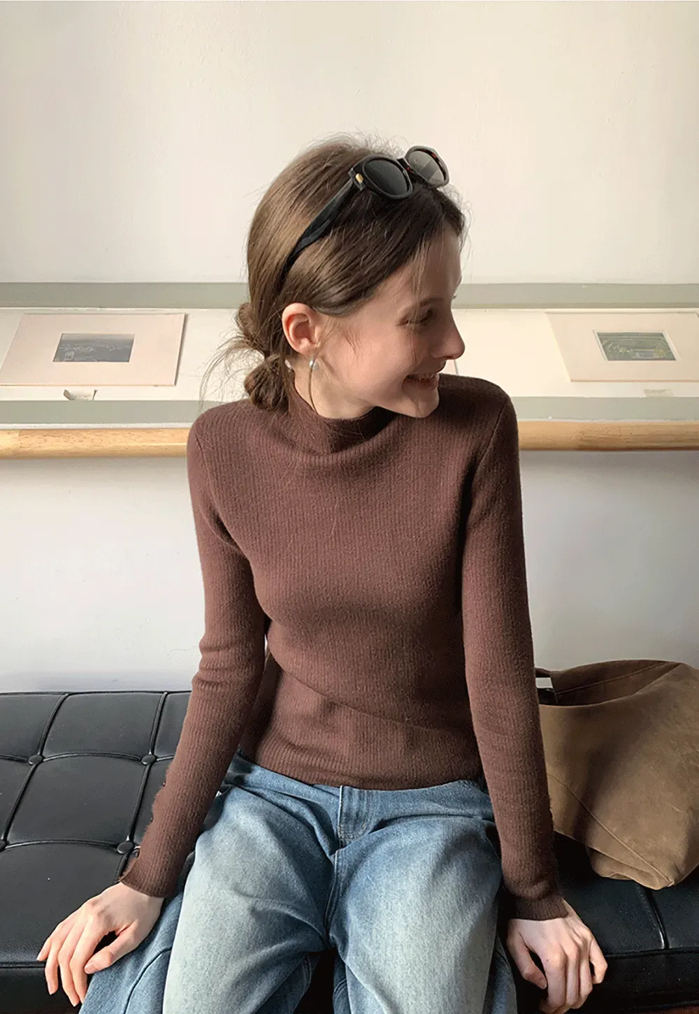 Elegant High Neck Knit Sweater with Button Detail Sleeve