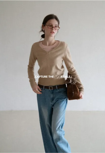 V Neck Knit Sweater with Layered Collar Design