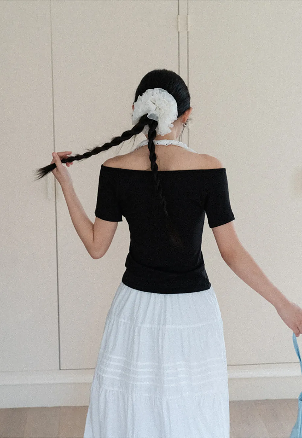 Off shoulder short sleeve top with halter neck detail