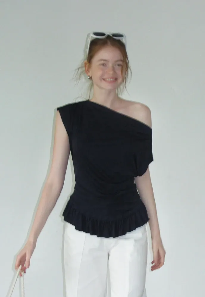 Women’s Striped Asymmetric Ruffle-Hem Tee