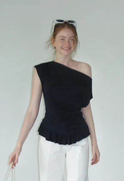 Women’s Striped Asymmetric Ruffle-Hem Tee