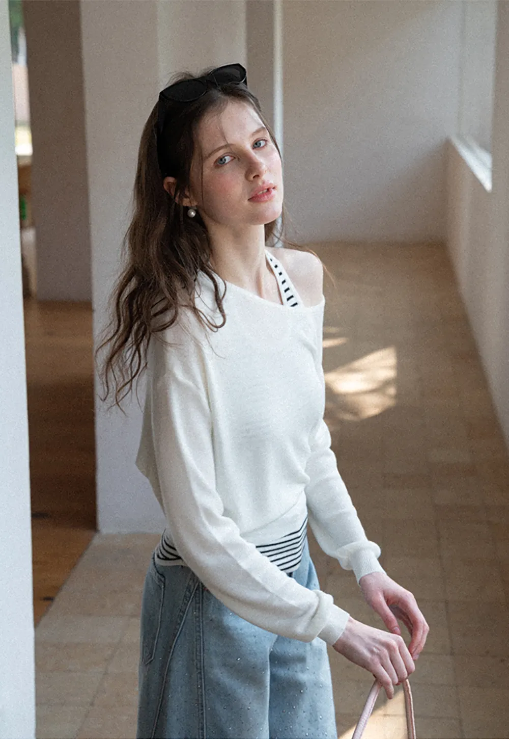 Off Shoulder Long Sleeve Knit Sweater with Striped Trim