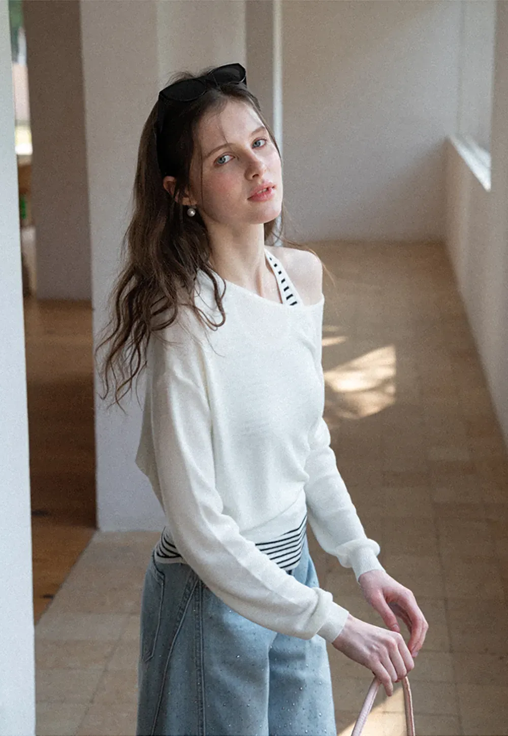 Off Shoulder Long Sleeve Knit Sweater with Striped Trim