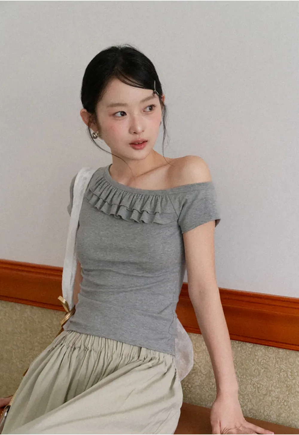 Off shoulder short sleeve top with ruffle detail