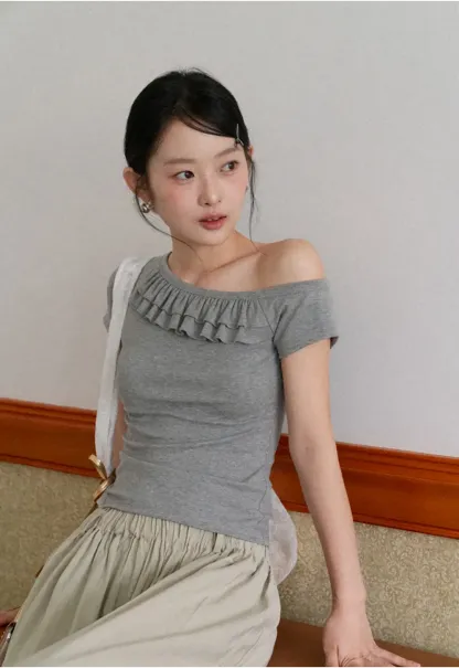 Off shoulder short sleeve top with ruffle detail