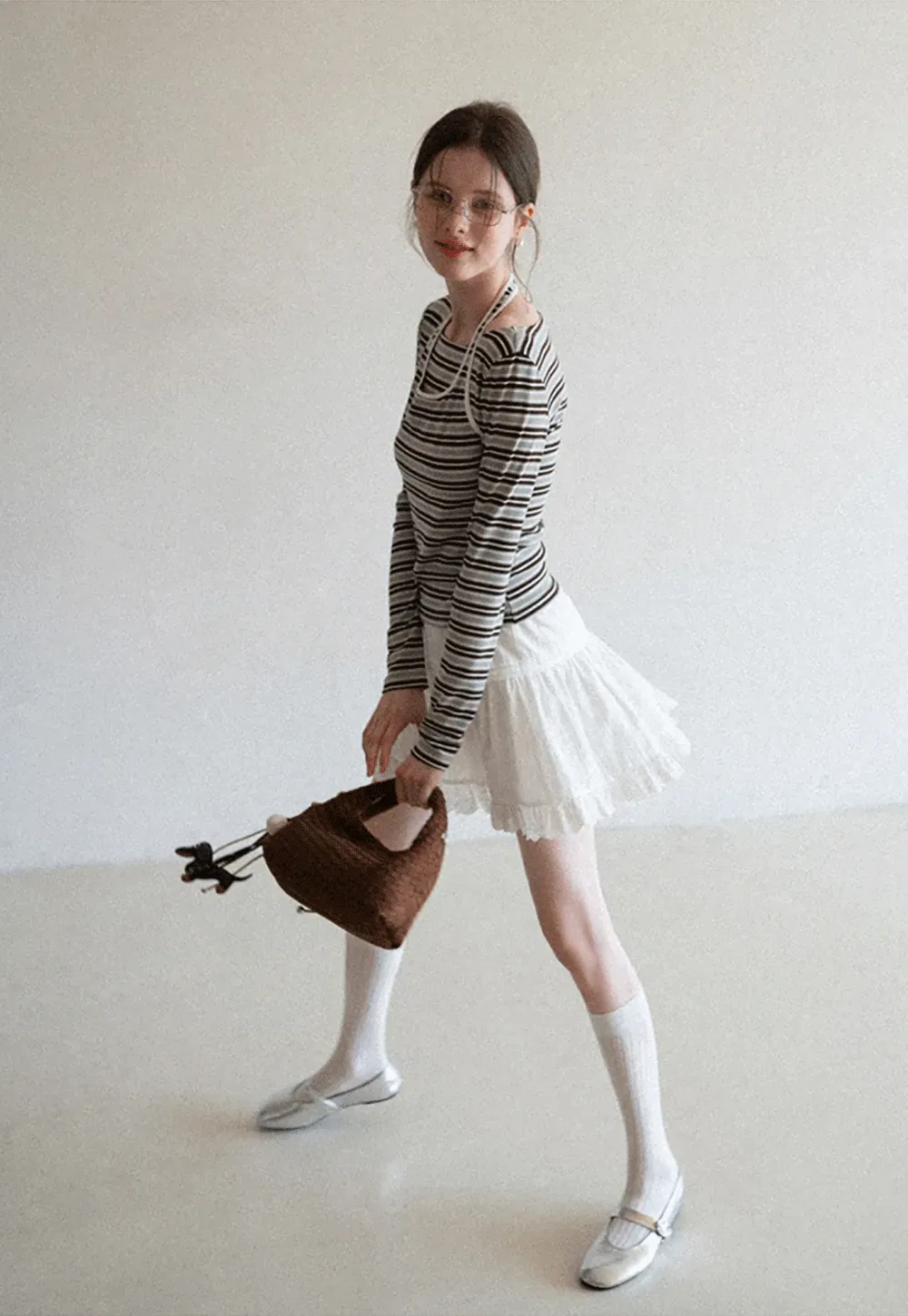 Long sleeve striped top with halter neck detail