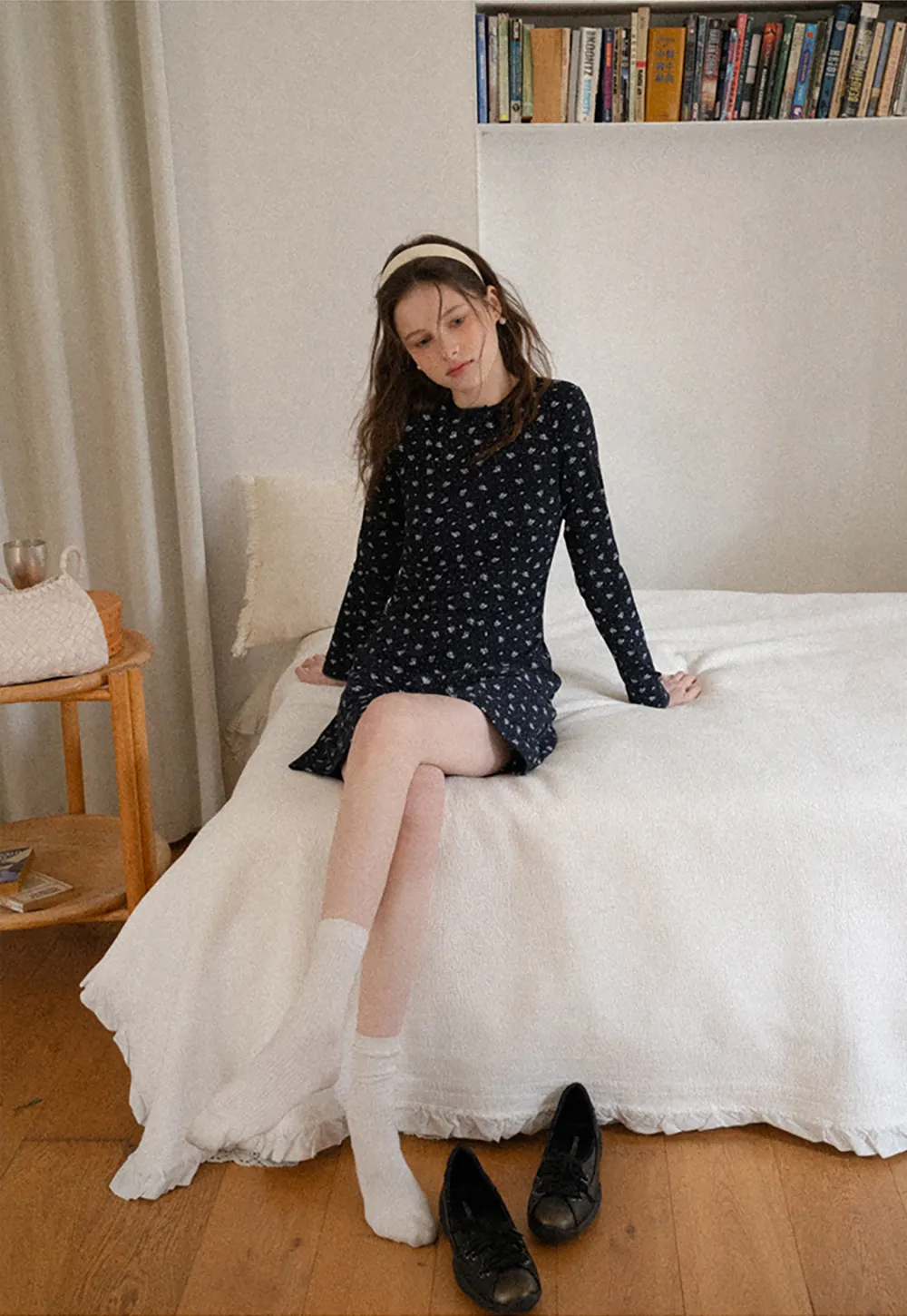 Long Sleeve Floral Print Dress with Cross Neck Detail