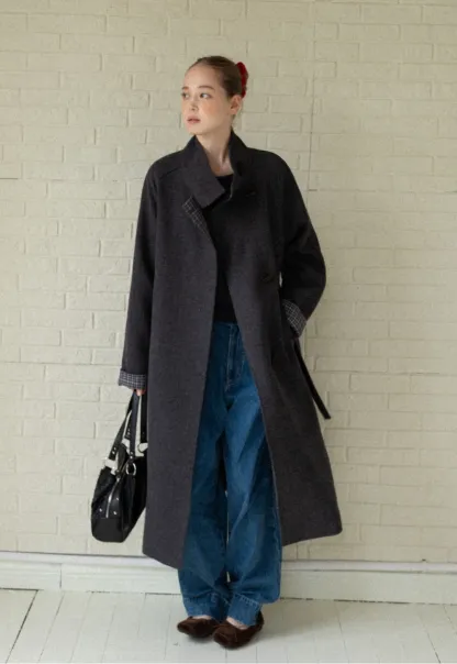 Womens Stand Collar Toggle Wool Coat with Plaid Trim