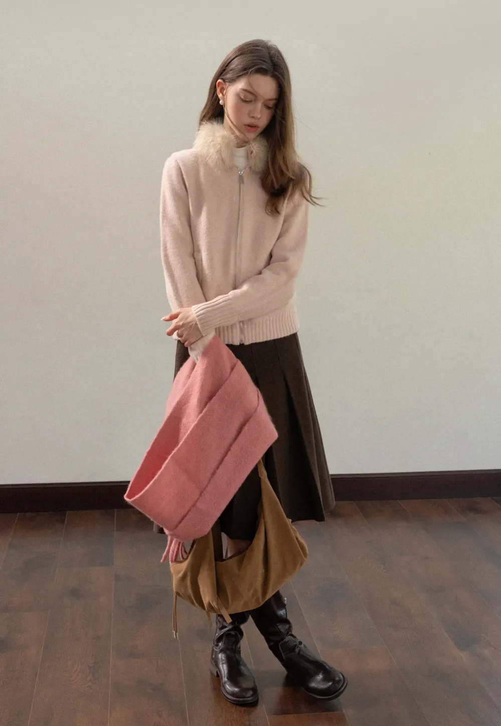 Women Faux Fur Collar Zip Up Short Jacket